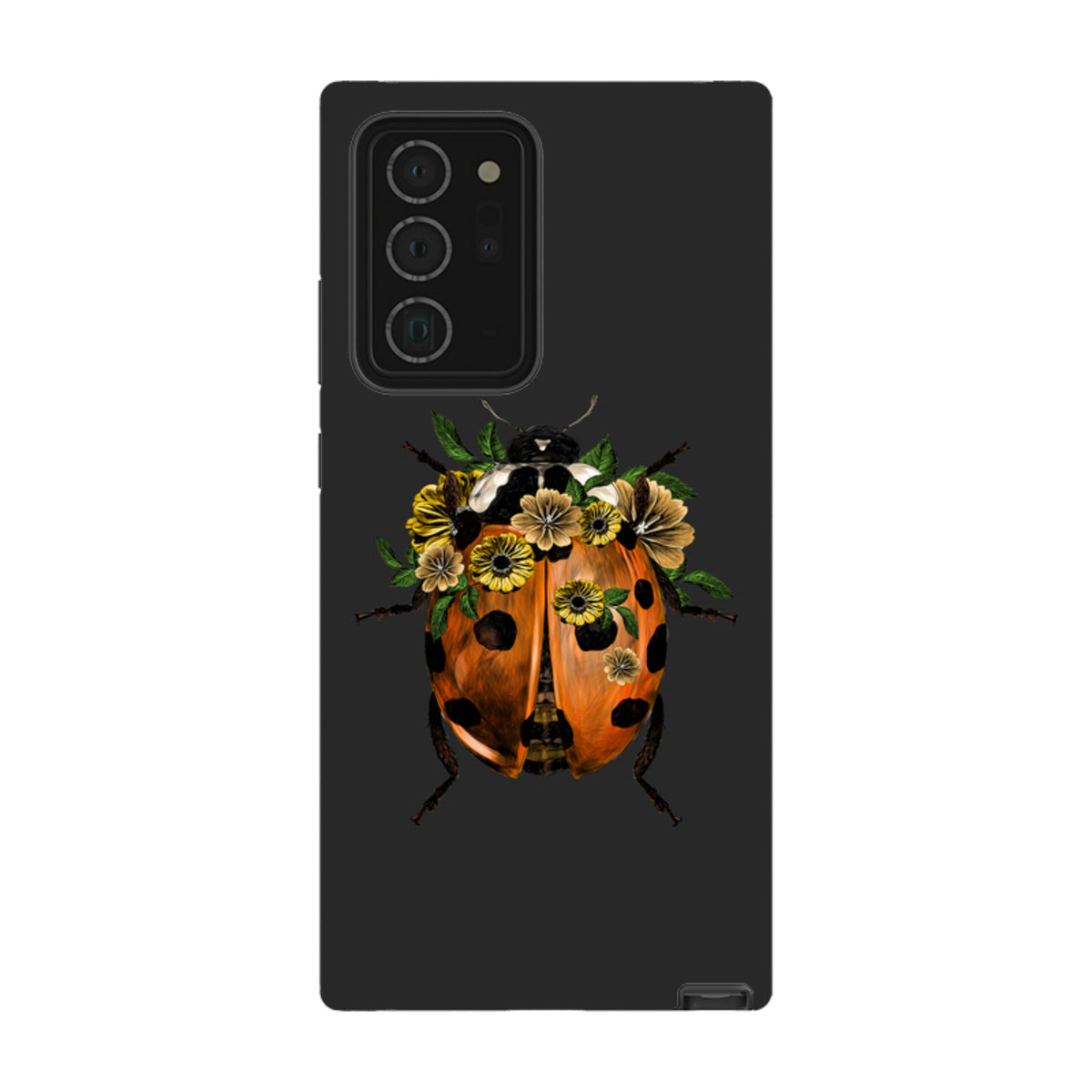 Samsung Galaxy tough case in dark grey featuring a detailed orange ladybug adorned with yellow flowers and green leaves.