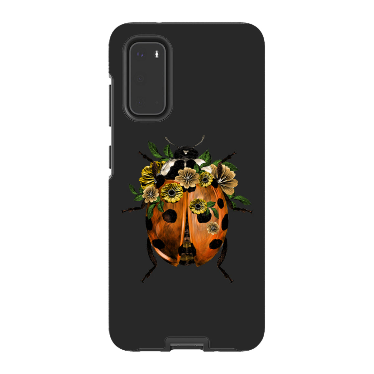 Black Samsung tough phone case featuring a detailed ladybug illustration adorned with yellow flowers and green leaves.