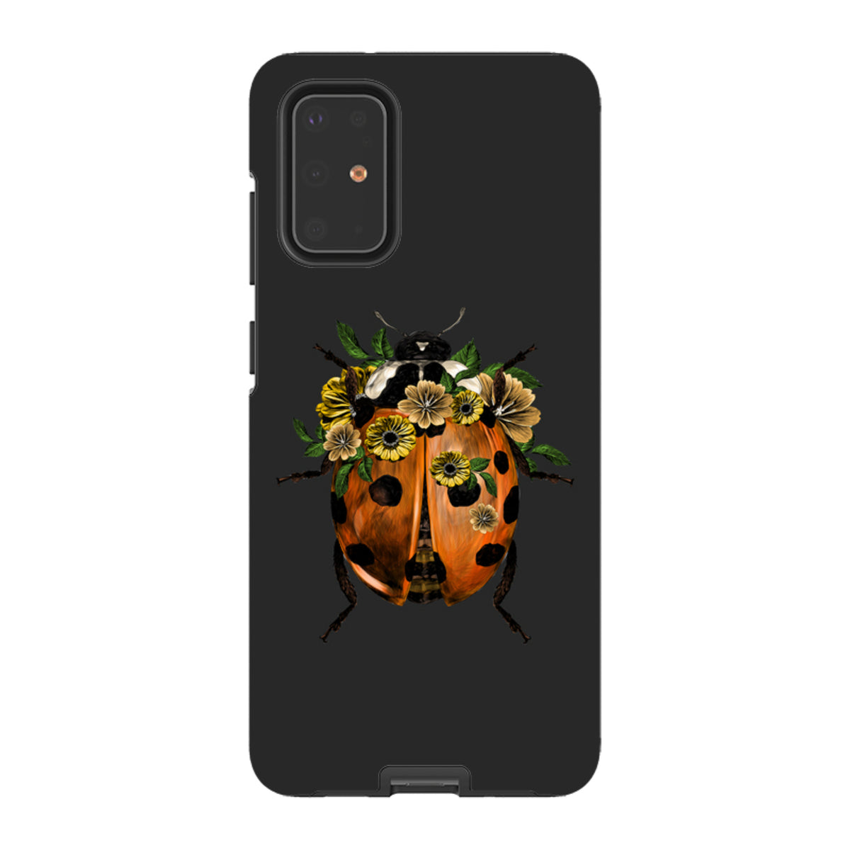 Samsung Tough Case featuring a ladybug with yellow flowers on a black background, offering dual-layer phone protection.