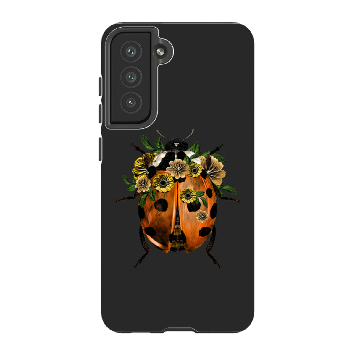 Samsung tough phone case in black featuring a vibrant ladybug with yellow flowers and green leaves on the back.