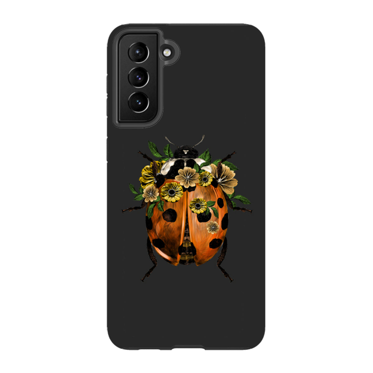 Samsung Tough Case featuring a ladybug with yellow flowers on a black background, offering dual-layer phone protection.