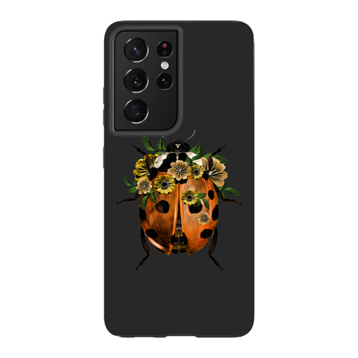 Samsung Galaxy tough case in matte black featuring a vibrant ladybug and yellow floral art design.