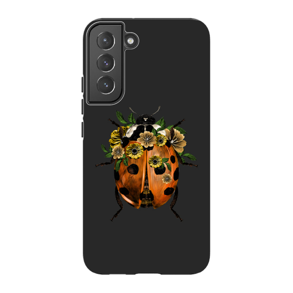 Samsung Galaxy tough case in black featuring a vibrant ladybug adorned with yellow flowers and green leaves.