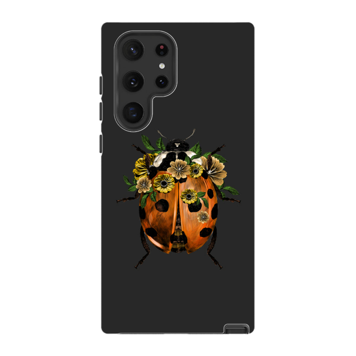 Samsung Galaxy tough case featuring a ladybug with yellow flowers on a dark background with dual-layer protection.