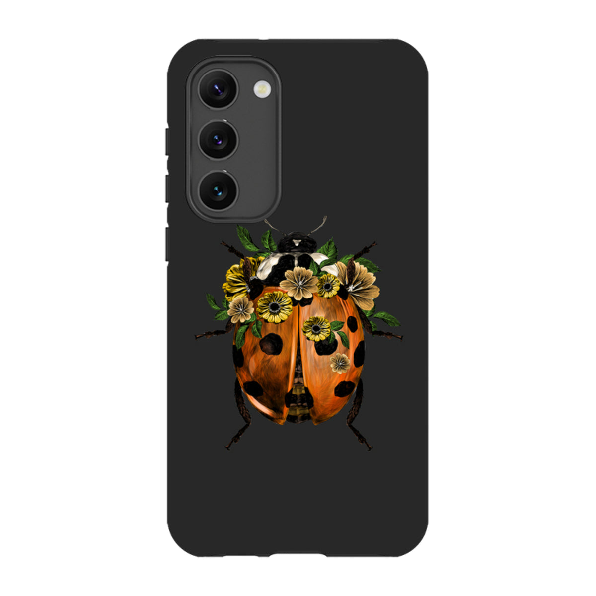 Samsung tough phone case in black featuring a vibrant ladybug with yellow floral accents and dual-layer protection.