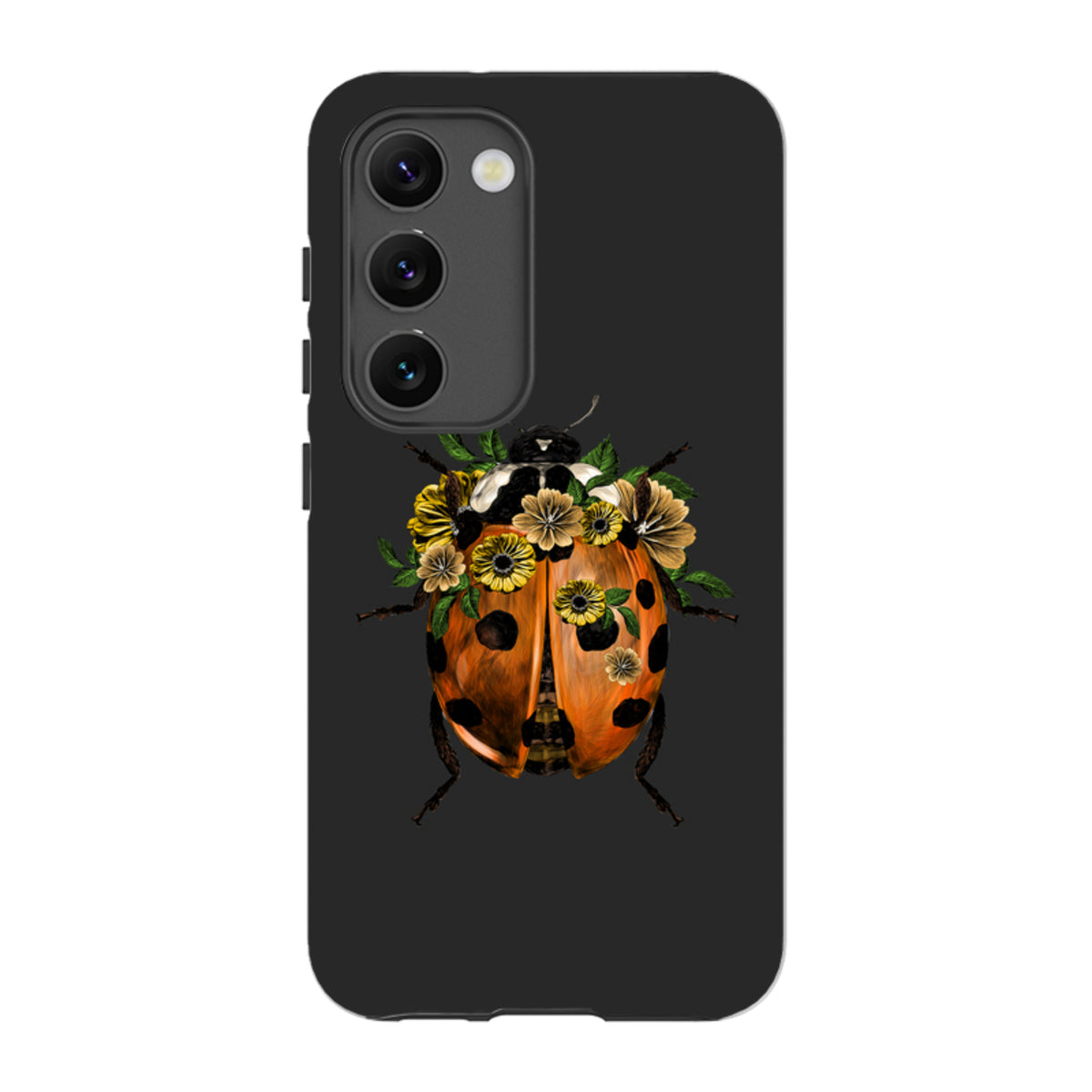 Samsung Tough Case in black featuring a ladybug adorned with yellow flowers and green leaves on the back.