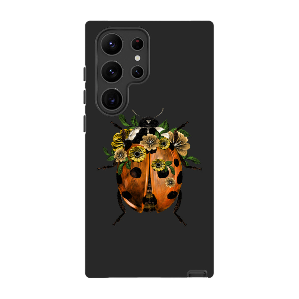 Black Samsung Tough Case featuring a ladybug adorned with yellow flowers and green leaves on a dark background.