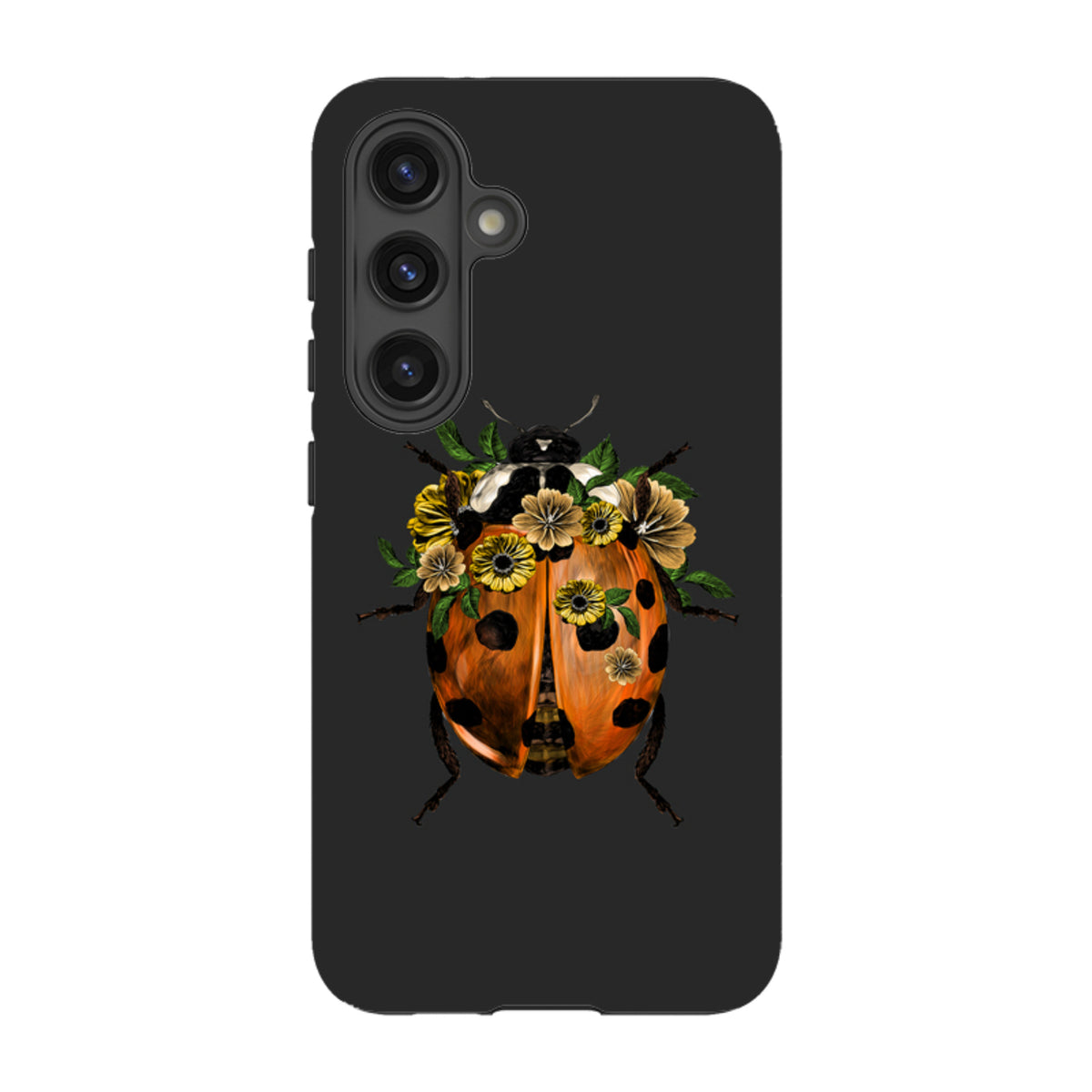 Samsung Tough Case in dark gray featuring a ladybug with yellow floral accents and dual-layer protective design.