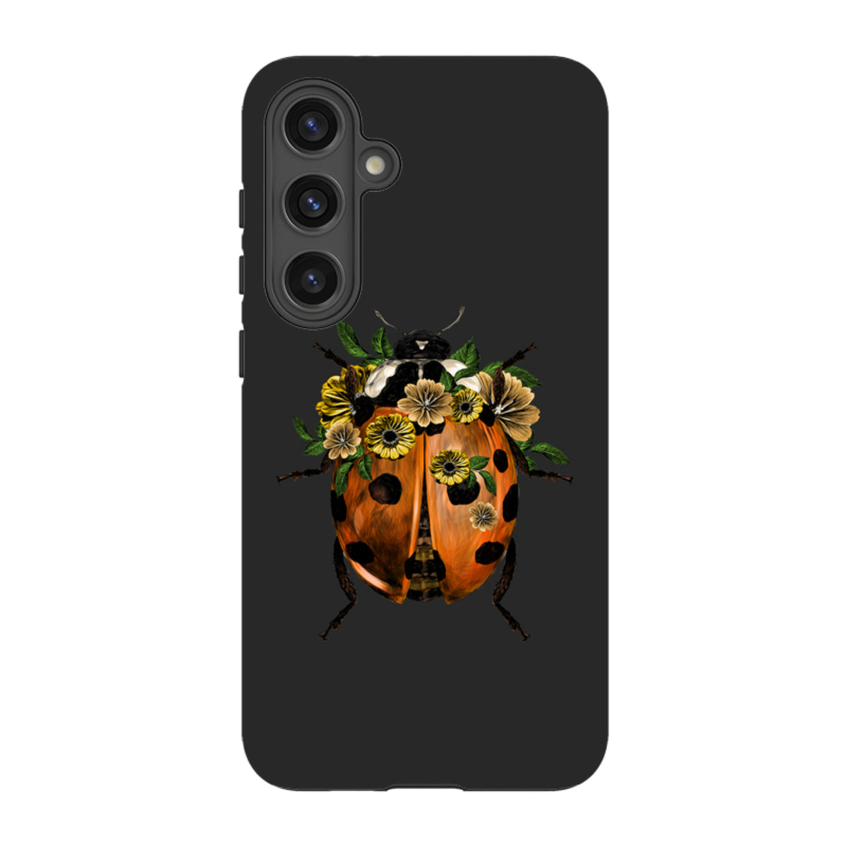 Samsung Tough Case featuring a ladybug with yellow flowers on a black background, offering dual-layer device protection.