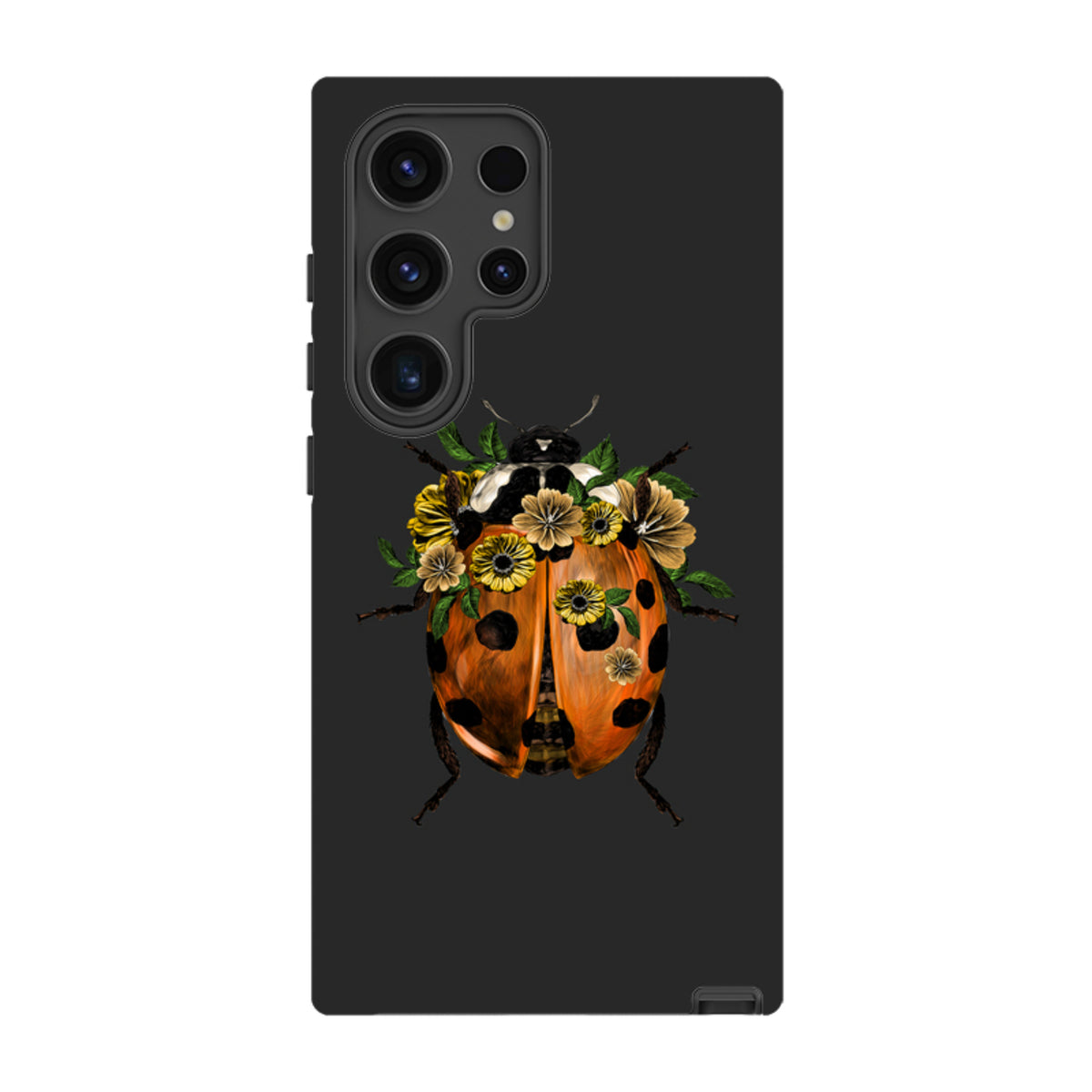 Samsung Galaxy tough case in matte black featuring a vibrant ladybug and floral illustration on the back.