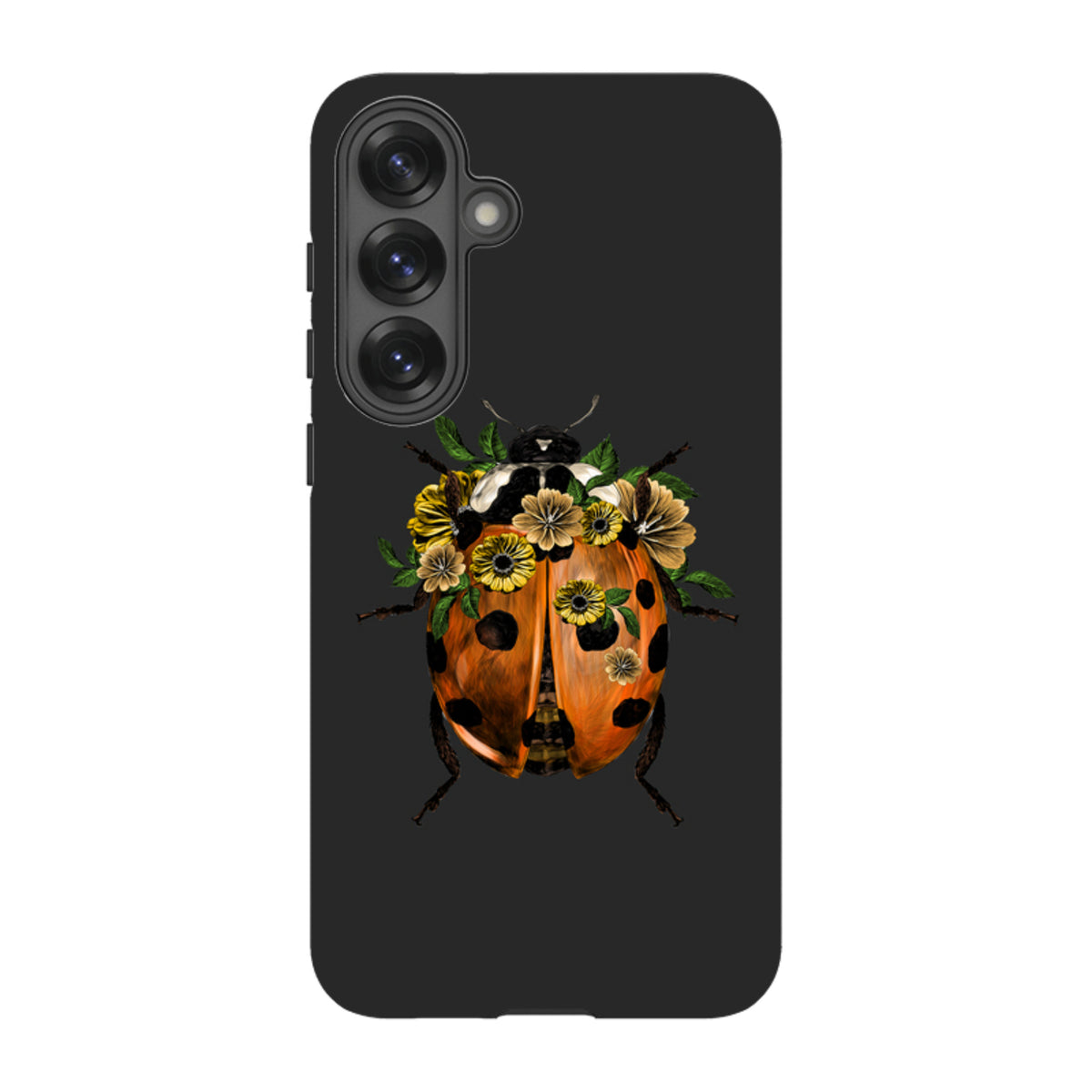 Black Samsung Tough Case featuring a ladybug with a floral crown, dual-layer design, and precise camera cutouts.