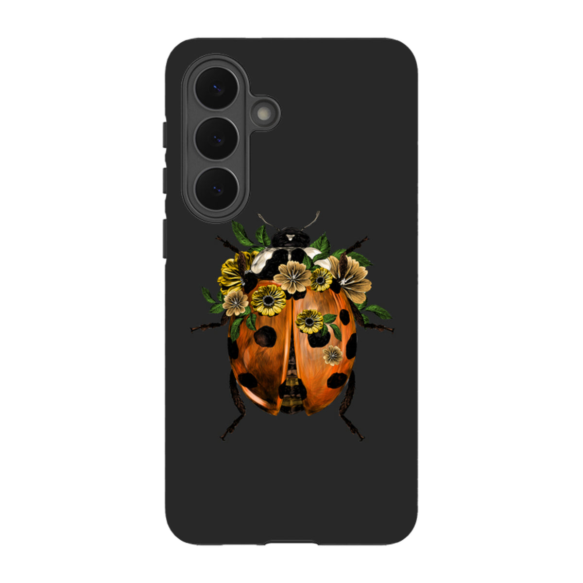 Samsung tough phone case in black featuring a ladybug with yellow floral accents and a durable dual-layer design.