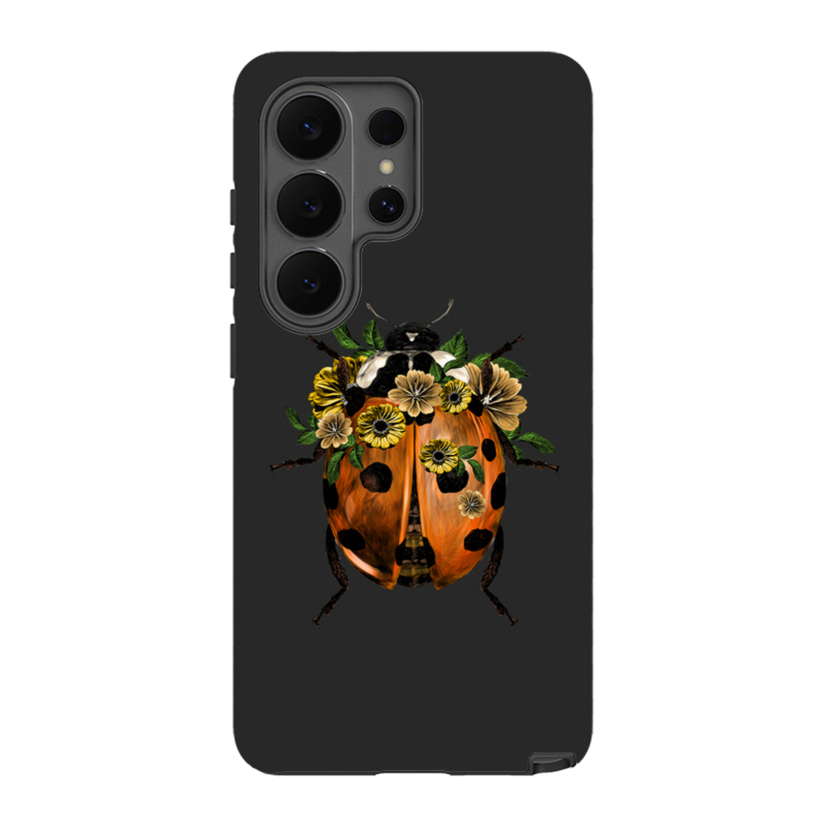 Samsung Galaxy tough case in black featuring a vibrant ladybug with a floral crown and dual-layer protective design.
