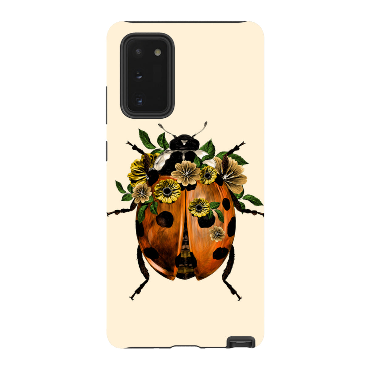 Samsung Tough Case featuring a ladybug with floral accents on a cream background, offering dual-layer phone protection.
