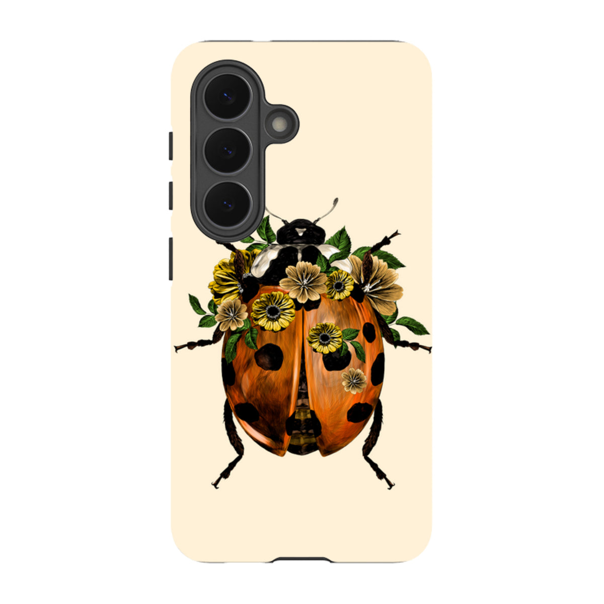 Samsung Galaxy tough case featuring a ladybug with a floral crown on a cream background with dual-layer protection.
