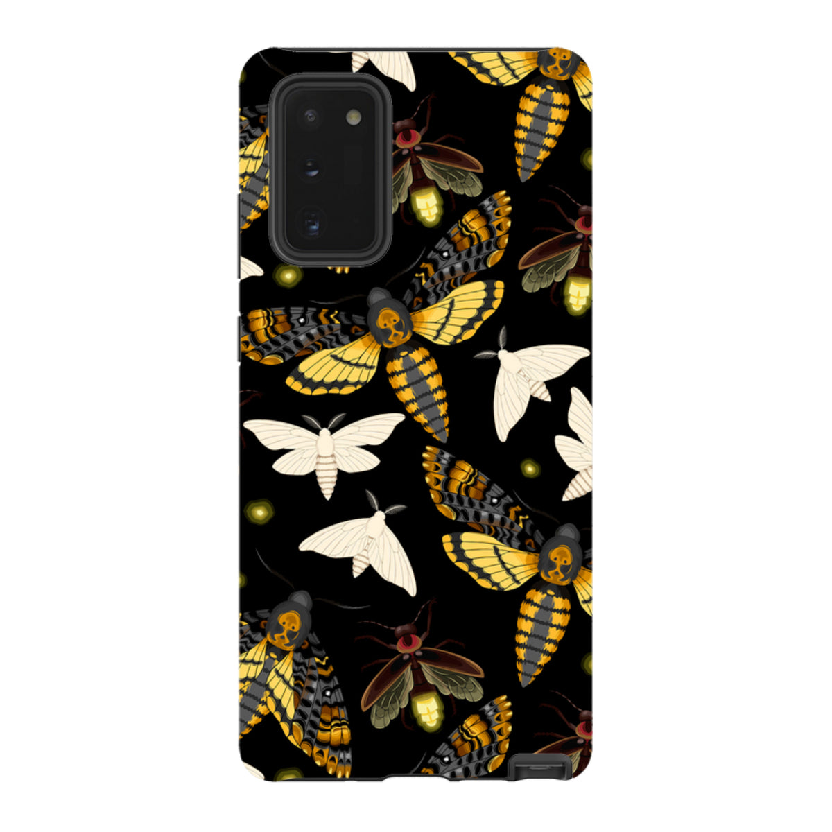 Samsung Tough Case featuring a black background with a pattern of yellow and white moths and fireflies.
