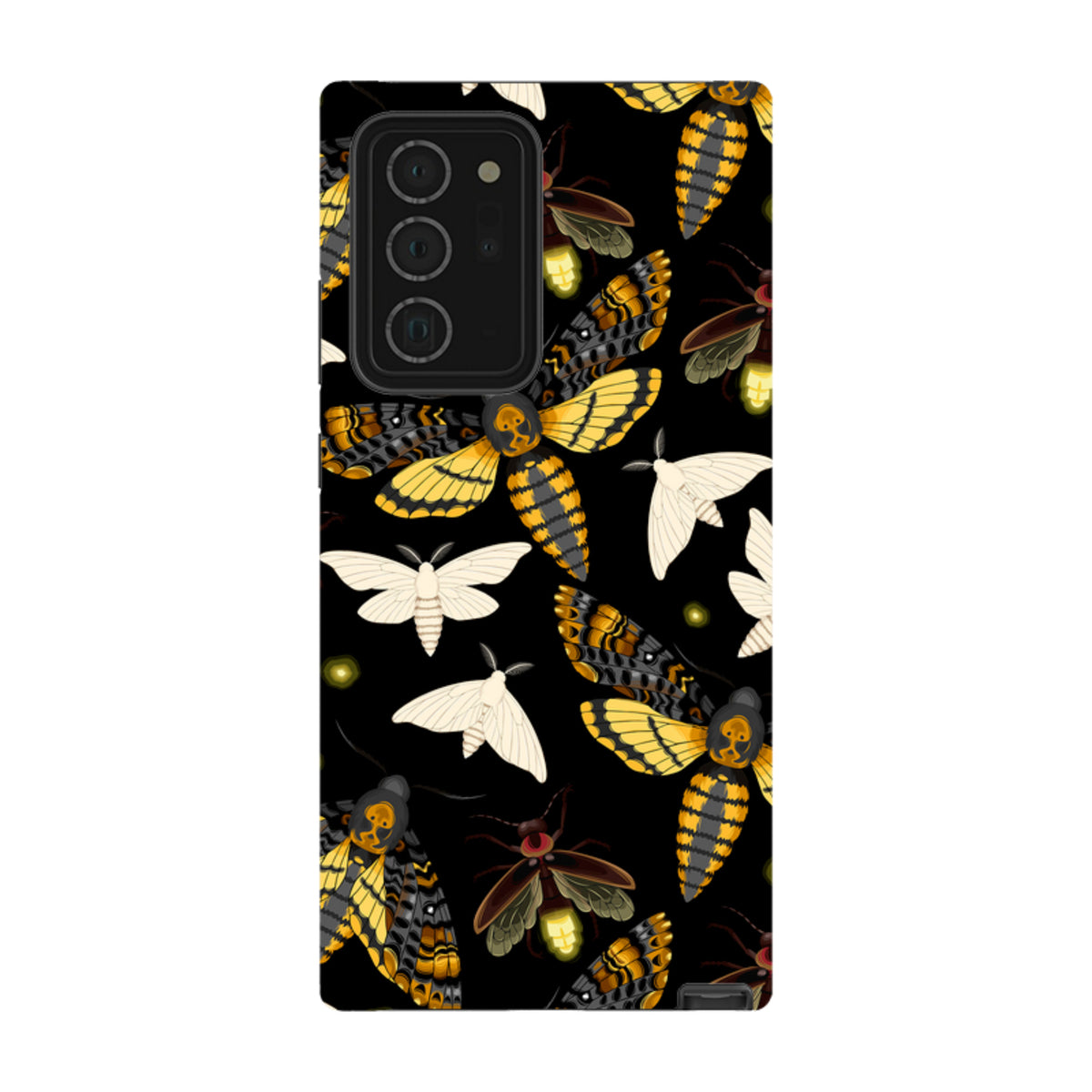 Samsung Tough Case featuring a black background with a detailed pattern of yellow and black moths and fireflies.