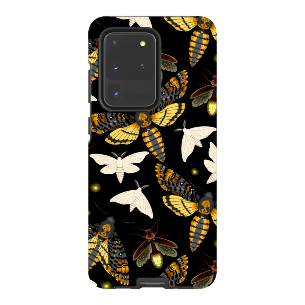 Samsung Galaxy tough case featuring a black background with a vibrant pattern of yellow death-head moths and white moths.