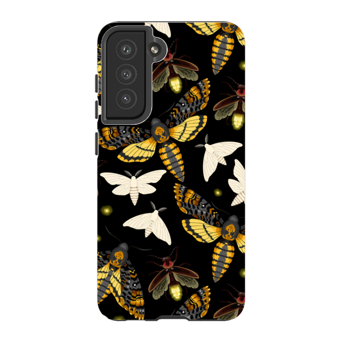 Samsung Galaxy tough case featuring a black background with a vibrant, high-definition moth and firefly pattern.