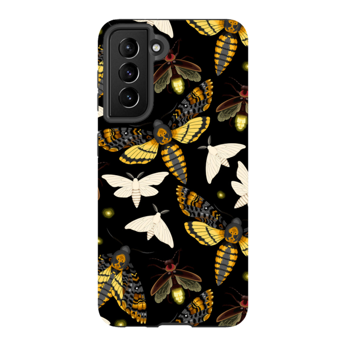 Samsung Tough Case featuring a black background with yellow and white moth illustrations and fireflies.