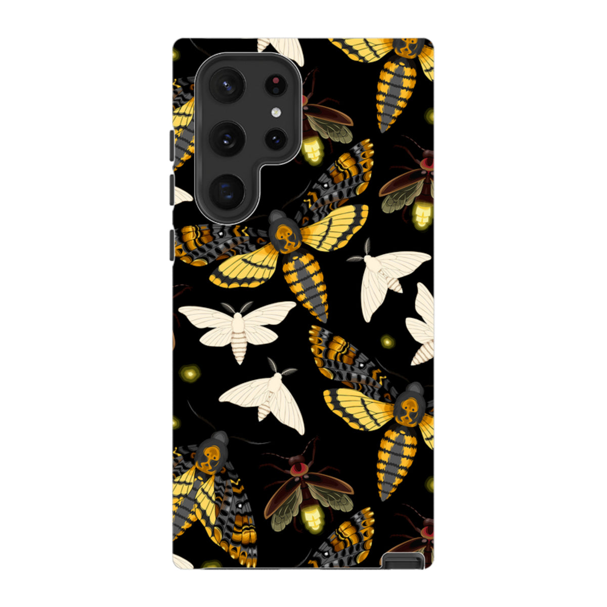 Samsung Tough Case featuring a black background with yellow and white moth and firefly patterns for Galaxy devices.