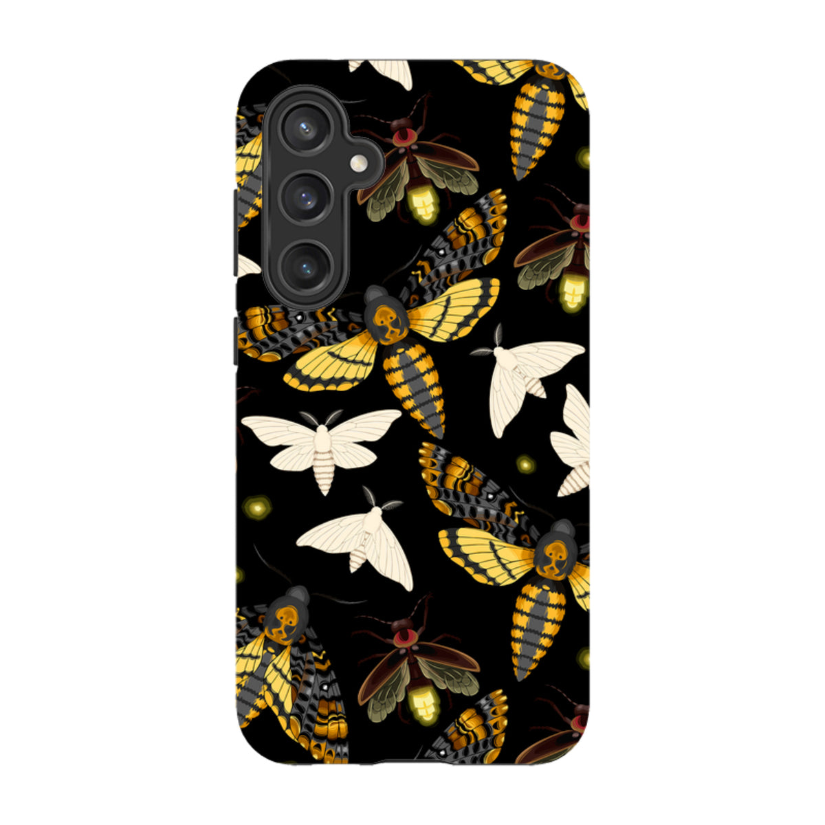 Samsung Tough Case featuring a black background with yellow and white moth and firefly illustrations in a dual-layer design.