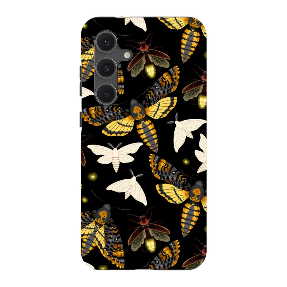 Samsung Tough Case featuring a black background with a vibrant moth and firefly pattern and dual-layer protection.