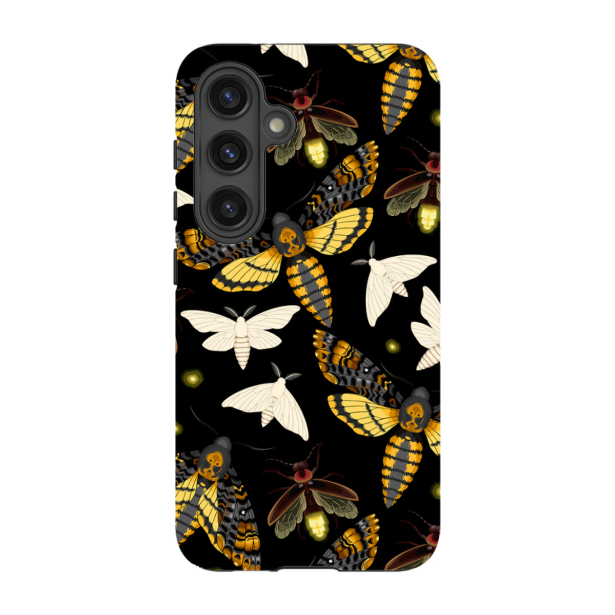 Samsung Tough Case featuring a black background with a pattern of yellow and black moths and glowing fireflies.