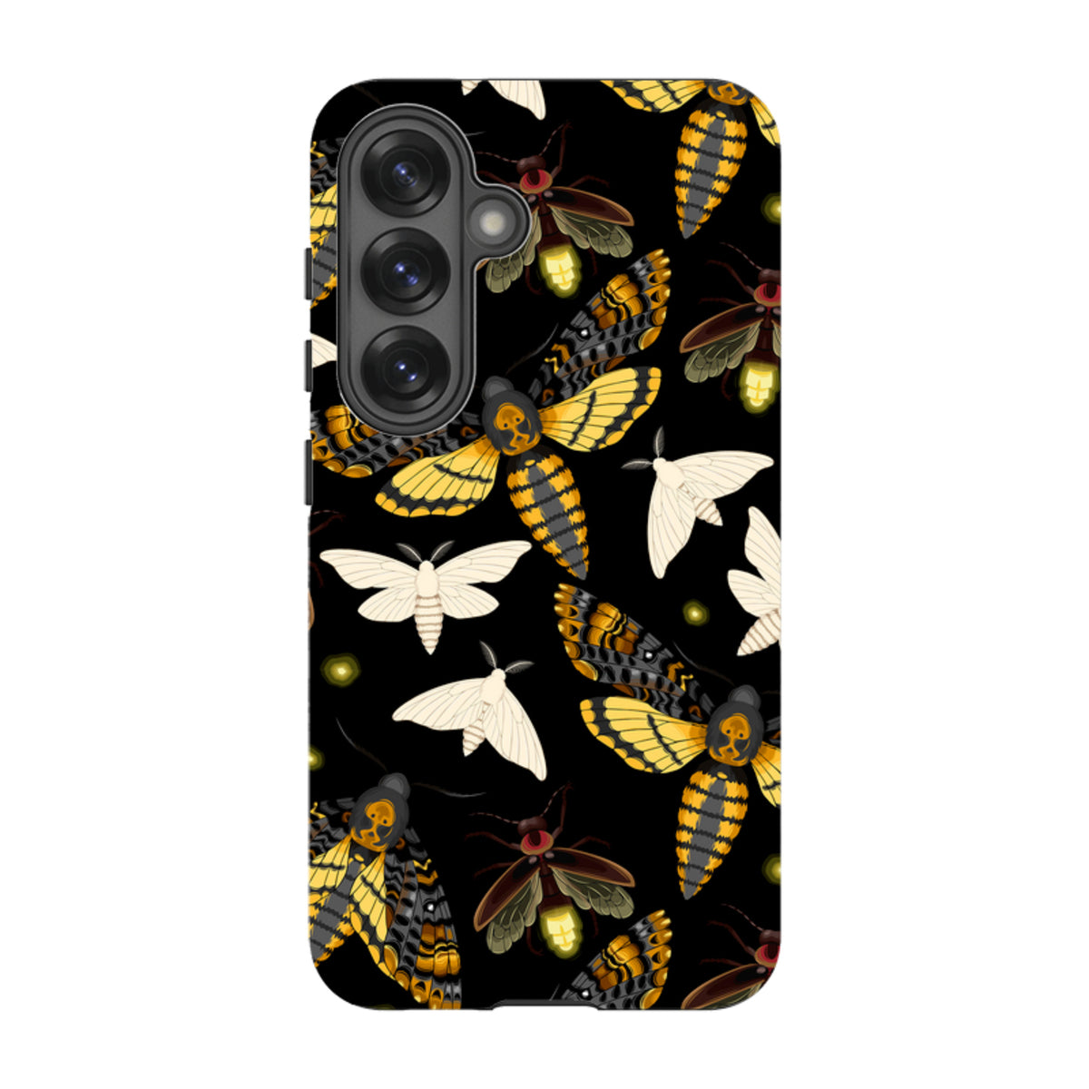 Samsung Tough Case featuring a black background with yellow and white moth and firefly illustrations.