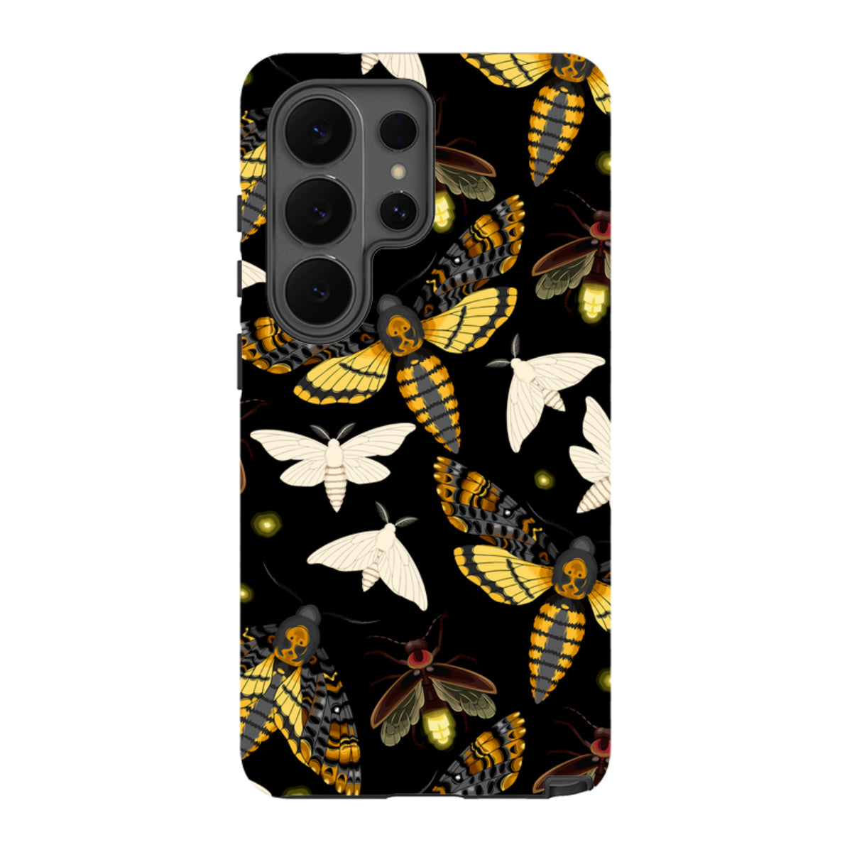 Samsung Galaxy tough case featuring a black background with a pattern of yellow and black moths and glowing fireflies.