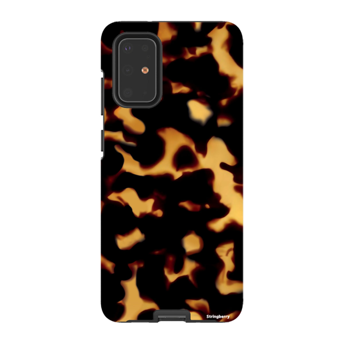 Samsung Galaxy tough case featuring a black and amber lava-inspired tortoiseshell pattern with dual-layer protection.