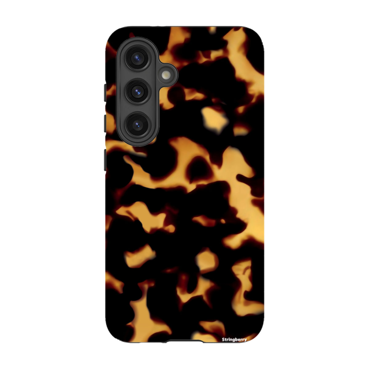 Samsung Tough Case in Lava featuring a black and amber tortoiseshell pattern with a triple-lens camera cutout.