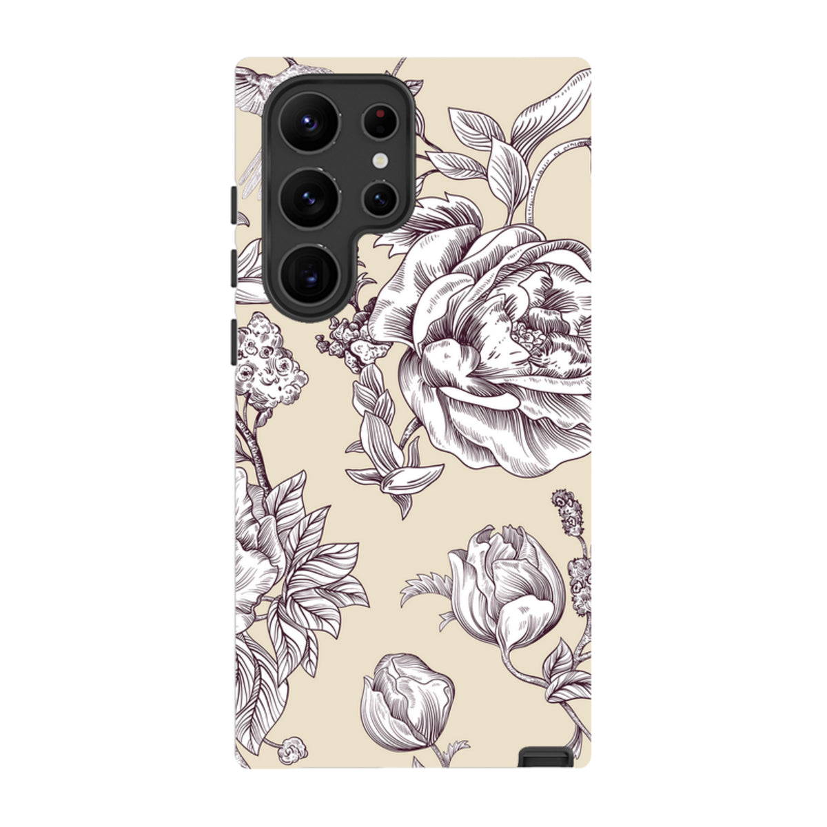 Samsung Galaxy tough case in cream with a dark purple floral Leeds Castle line art design and dual-layer protection.