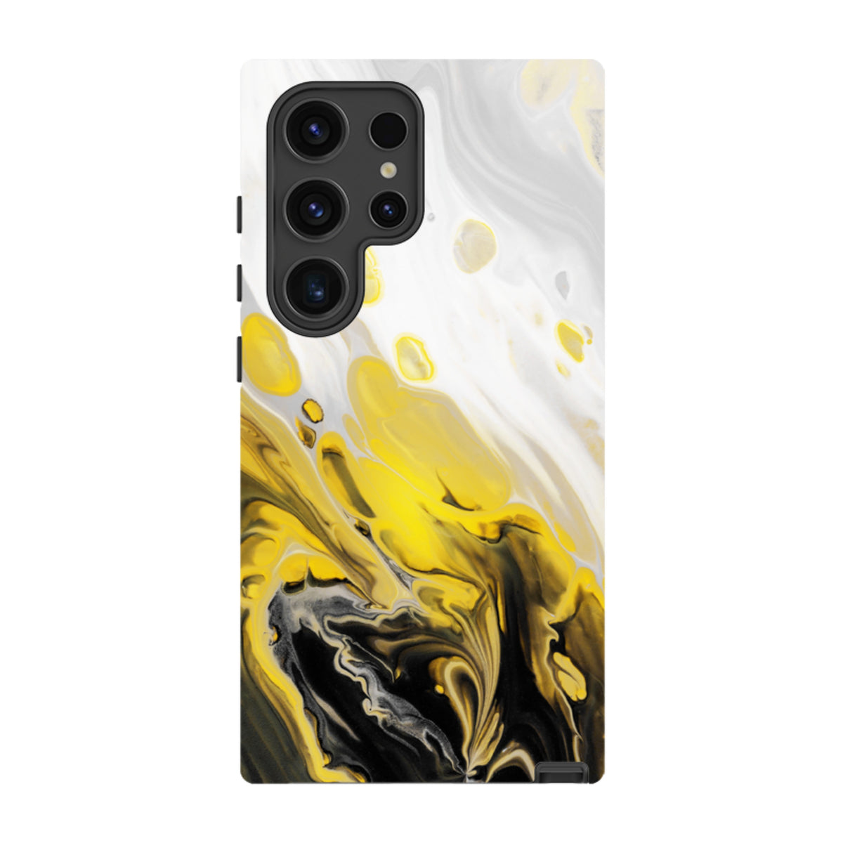 Samsung Tough Case in Lemon Drop featuring a vibrant yellow, white, and black marble-style swirl design for Galaxy phones.