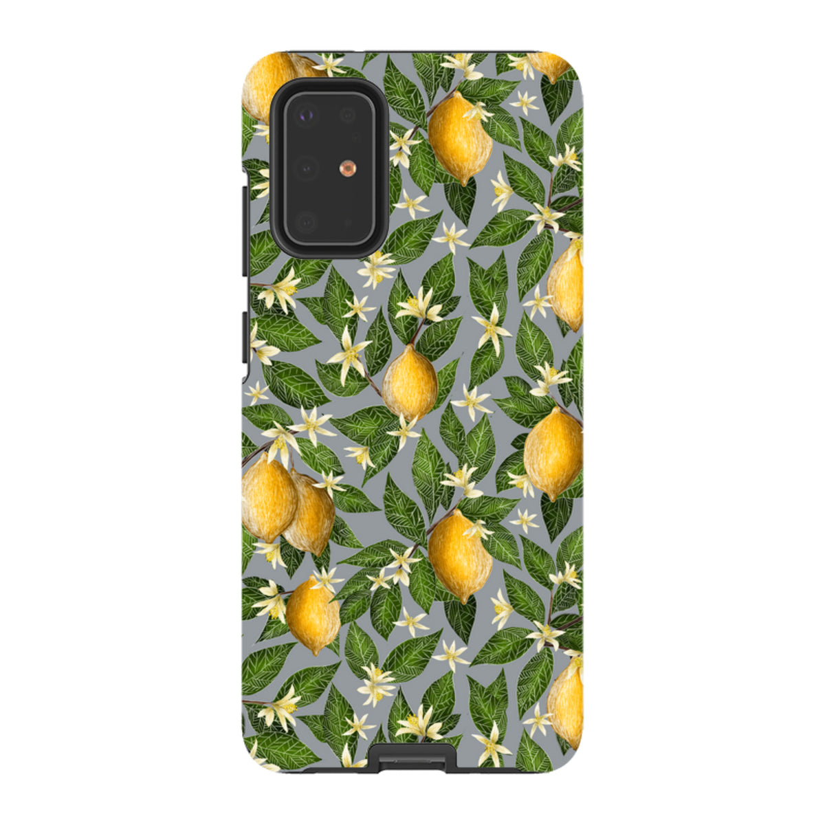 Samsung Tough Case featuring a vibrant lemon and white blossom pattern on a grey background with dual-layer protection.