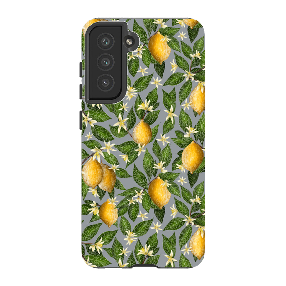 Samsung Tough Case featuring a vibrant yellow lemon and white blossom pattern on a grey background for Galaxy phones.