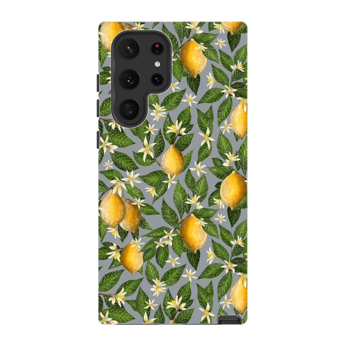 Samsung Tough Case featuring a vibrant yellow lemon and white blossom botanical pattern on a grey background.