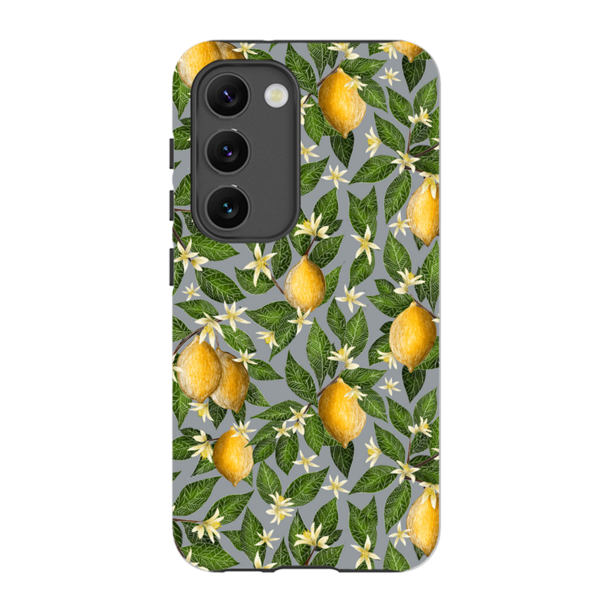 Samsung Tough Case featuring a vibrant yellow lemon and white blossom pattern on a grey background for Galaxy phones.