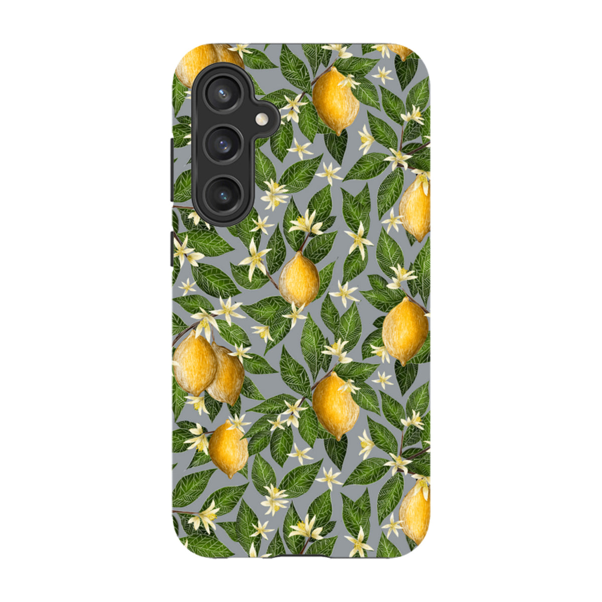 Samsung Tough Case featuring a vibrant Catherine Rowe lemon and white blossom pattern on a grey background.
