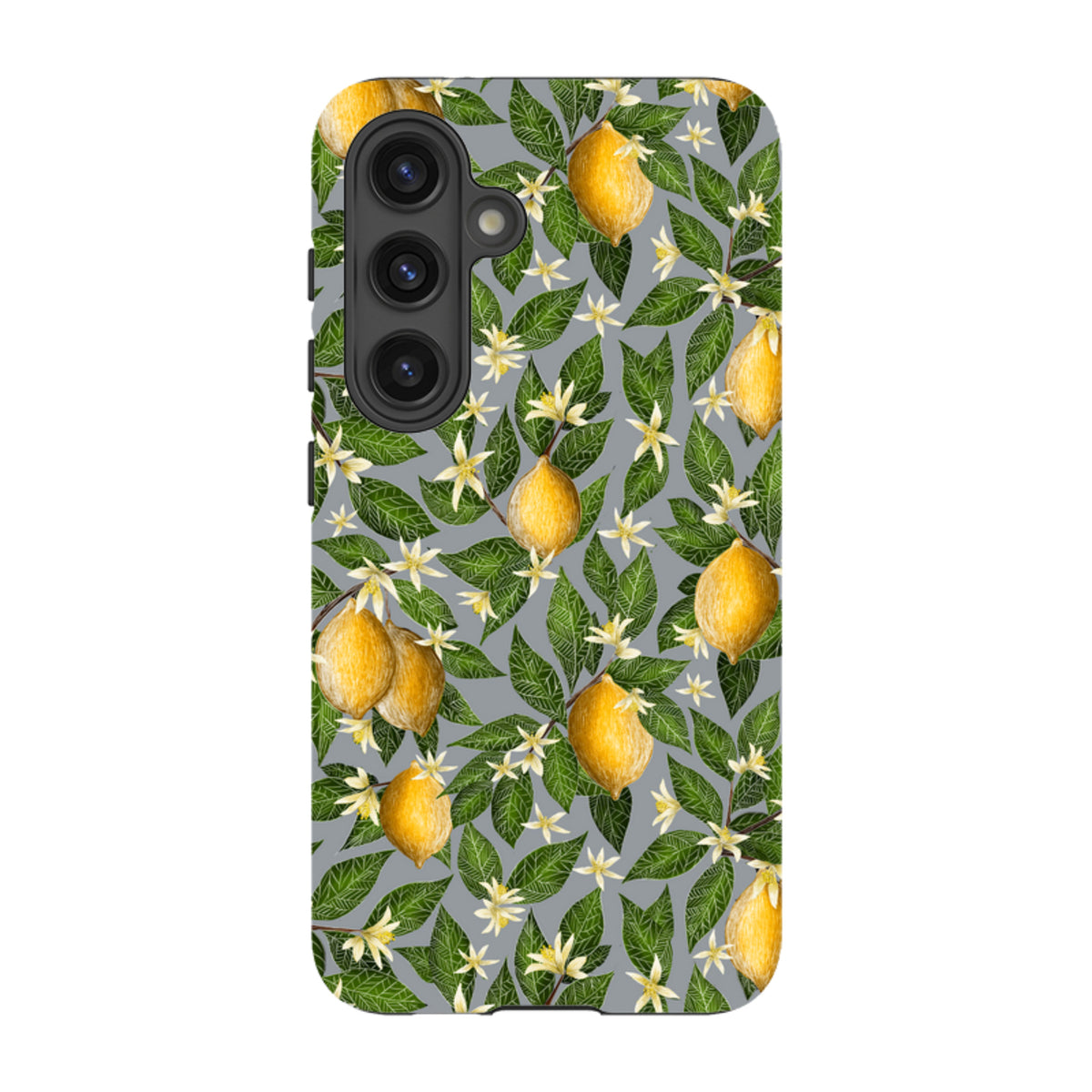 Samsung Tough Case featuring a vibrant lemon and white blossom pattern on a grey background for Galaxy devices.