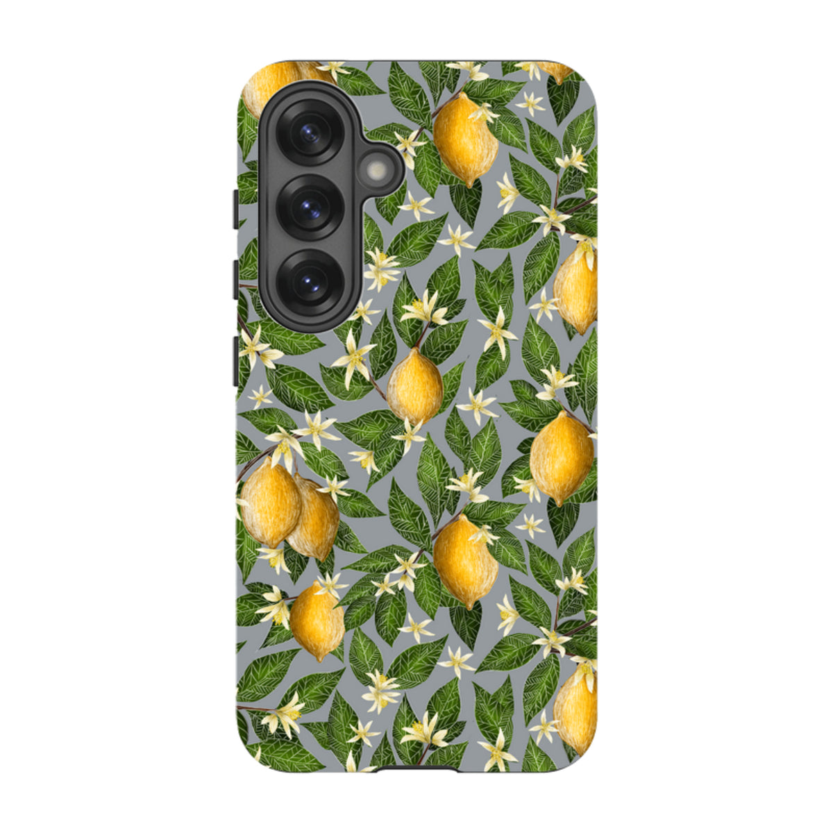 Samsung Tough Case featuring a vibrant lemon and white blossom pattern on a grey background with dual-layer protection.