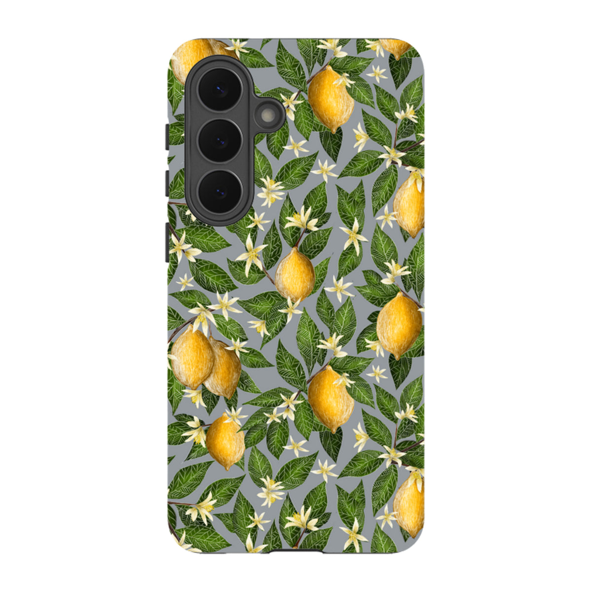 Samsung Tough Case featuring a vibrant lemon and white blossom pattern on a grey background for Galaxy devices.