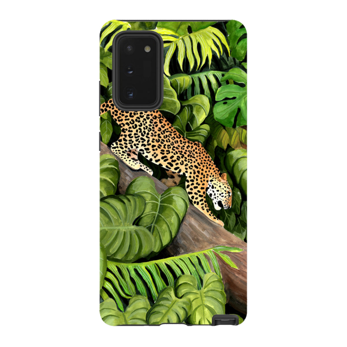 Samsung Tough Case featuring a leopard on a tree branch surrounded by lush green tropical jungle leaves.