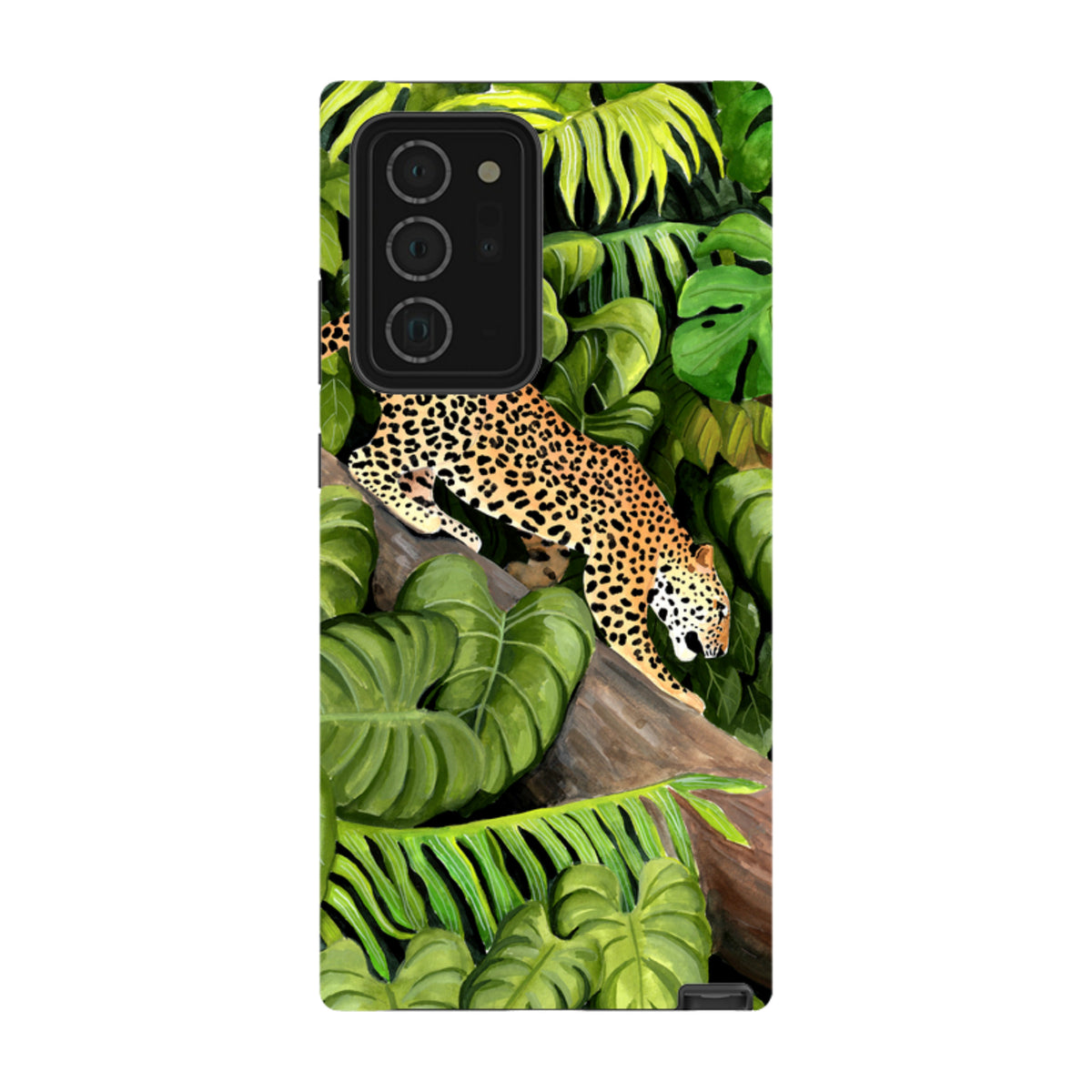 Samsung Tough Case featuring a leopard on a tree branch surrounded by lush green jungle leaves and foliage.