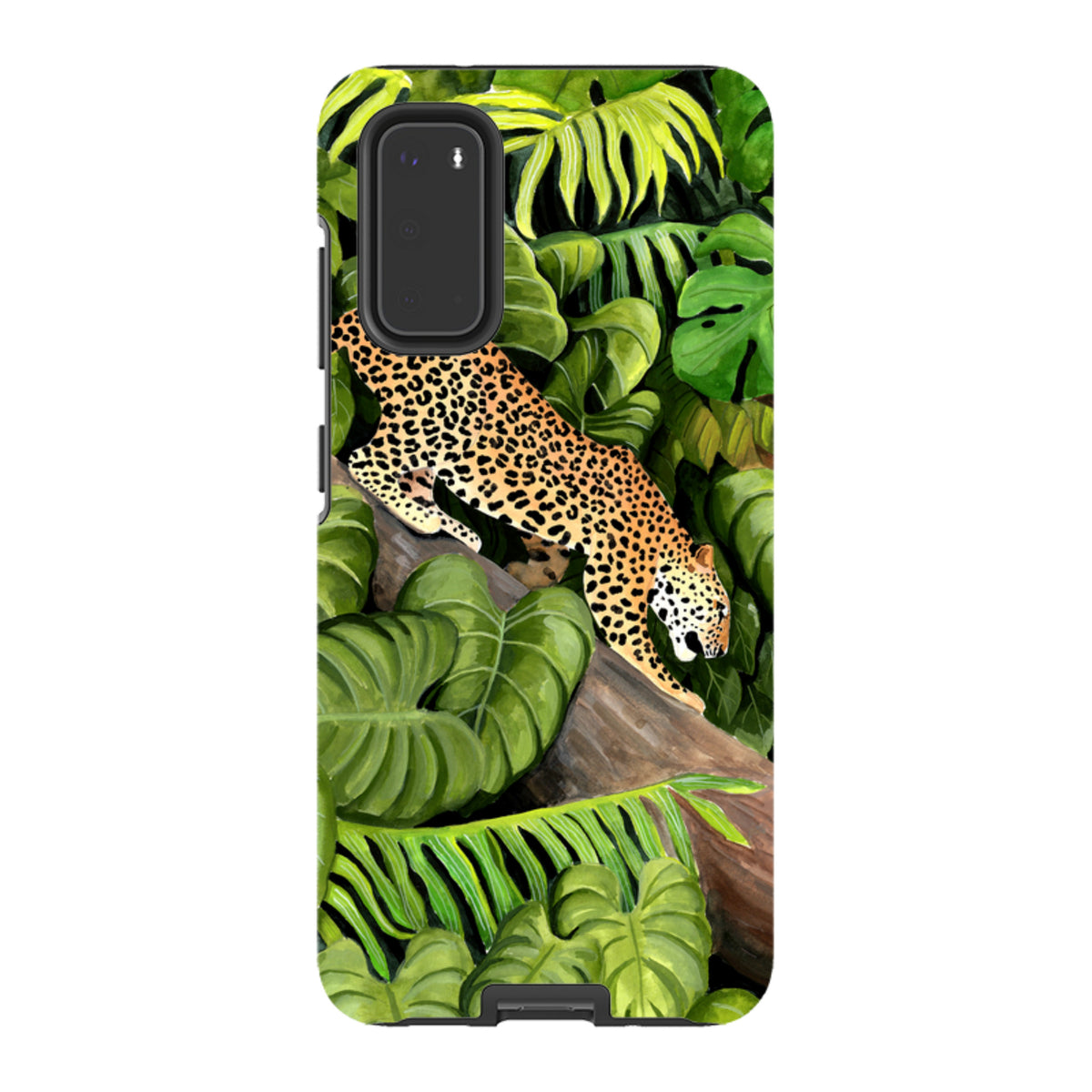 Samsung Tough Case featuring a leopard on a tree branch surrounded by lush green tropical leaves and foliage.