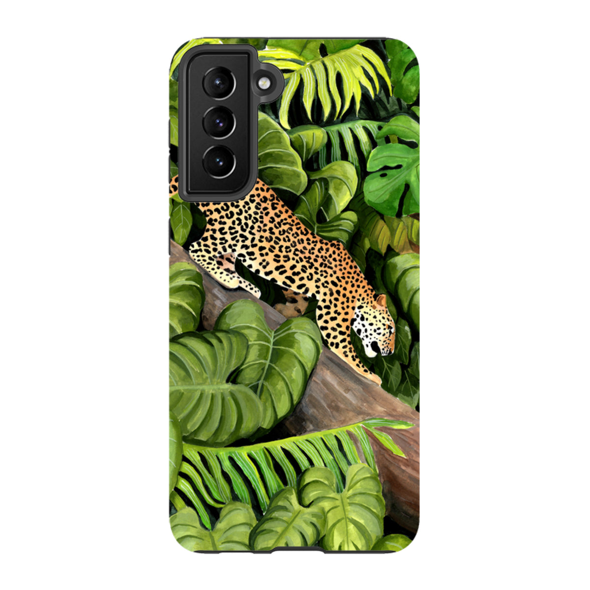 Samsung Tough Case featuring a leopard on a tree branch surrounded by lush green jungle leaves and foliage.