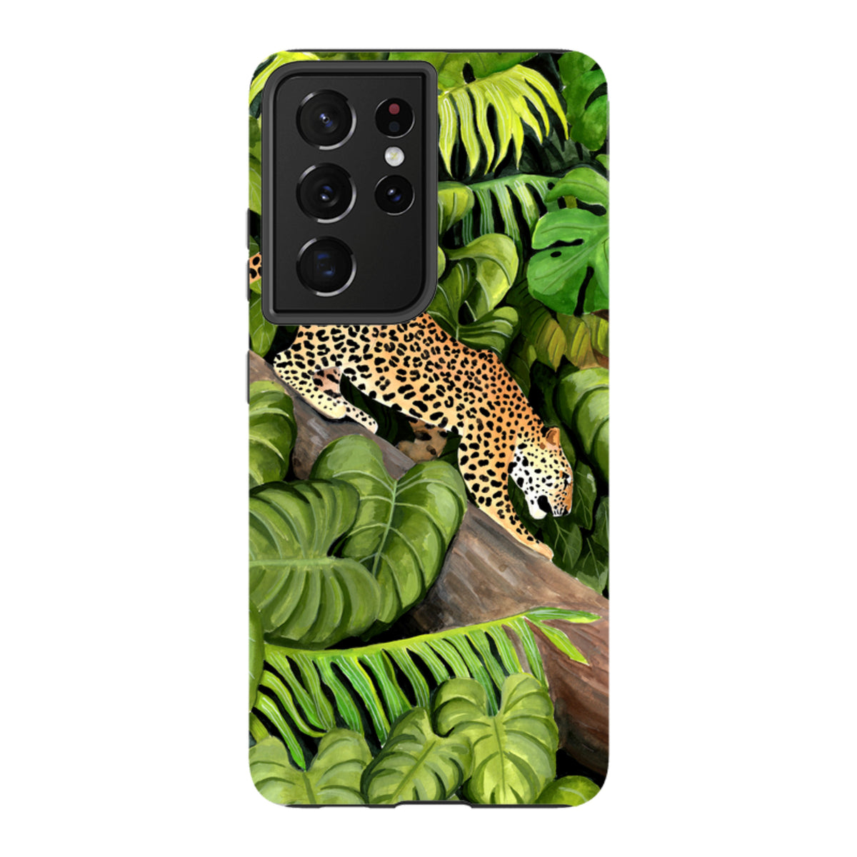 Samsung Tough Case featuring a leopard on a tree branch amidst lush green jungle leaves and a protective camera cutout.