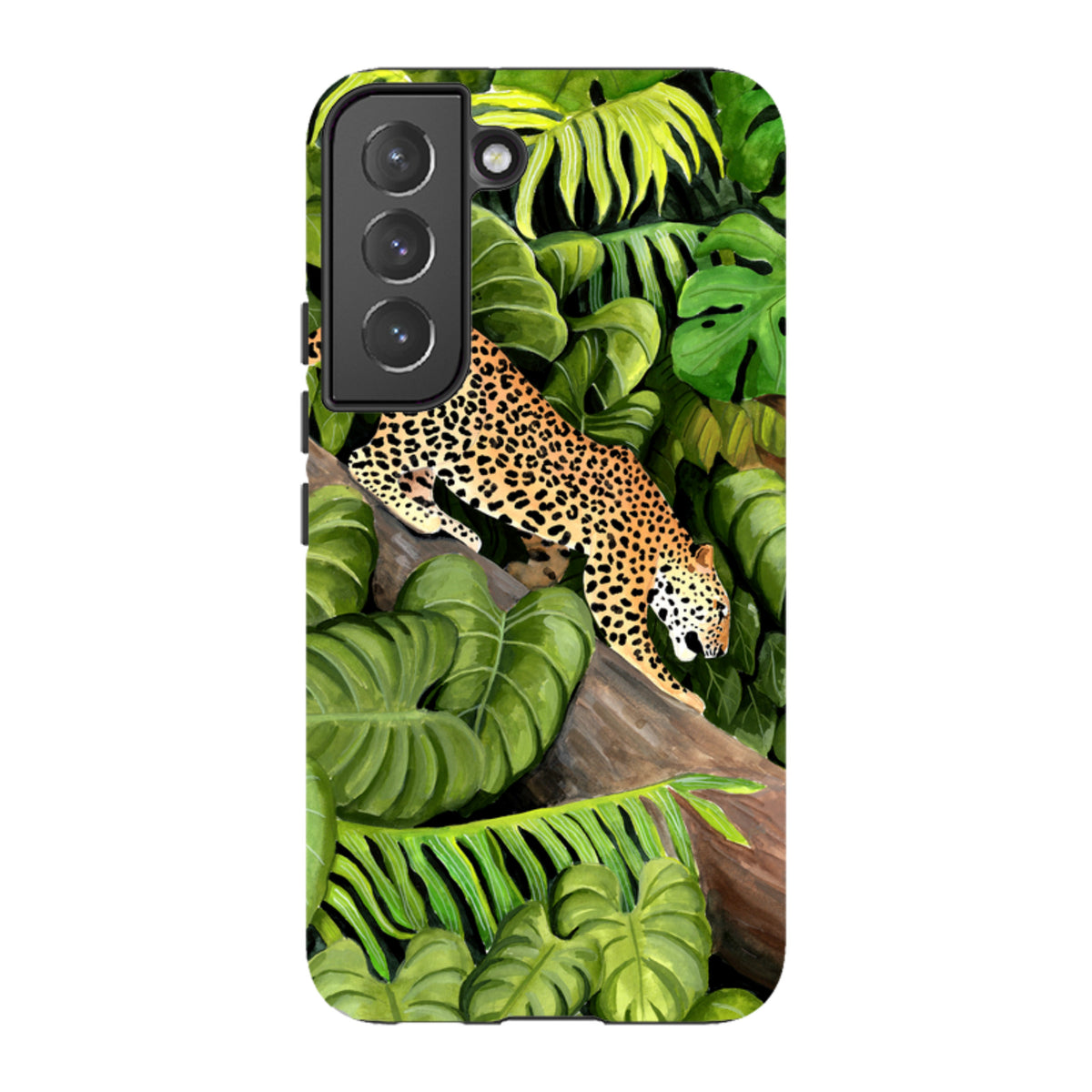 Samsung Tough Case featuring a leopard on a tree branch surrounded by lush green tropical leaves and foliage.