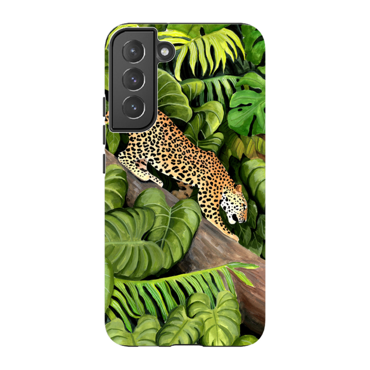 Samsung Tough Case featuring a leopard on a tree branch surrounded by lush green tropical leaves and foliage.