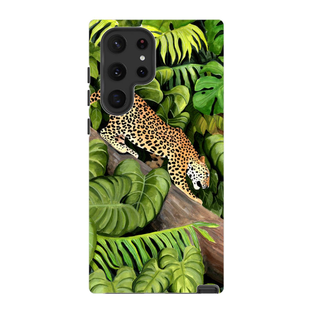 Samsung Tough Case featuring a leopard on a tree branch surrounded by lush green tropical leaves and vibrant artwork.